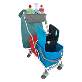 Mopping Set Chromium with press wringer, 2 Buckets Red and Blue 25 lt, garbage bag base and Plastic detergent Basket